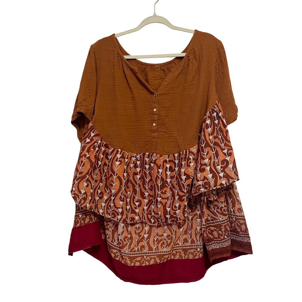 The Morgan Factory Boho Mixed Print Tiered Gauze Tunic Top Brown Rust One Size